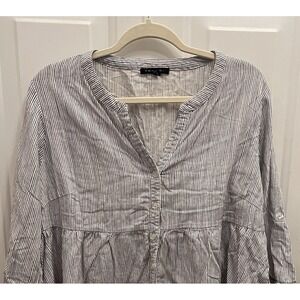 Tahari Button Up Shirt Womens 1X White & Black Striped Linen Blend 3/4 Sleeve